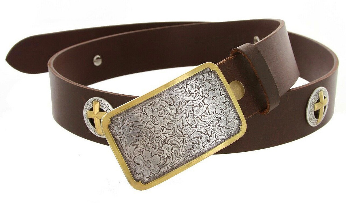 Genuine Leather Western Belt with Large Cross Concho Slide Big and Tall - Western Ranch Genuine Leather Belt w/ Cross  main image 4