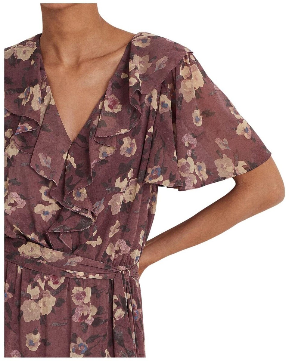 Ralph Lauren Women's Floral Crinkle Georgette Belted Dress - Size 12P in Purple Multi Ralph Lauren Women's Floral Crinkle Georgette Belted Dress - Size 12P in Purple Multi