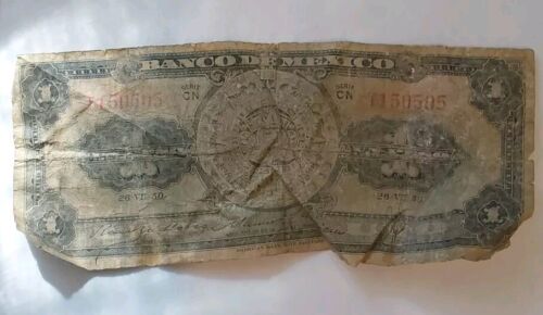 Mexican Banknote El Banco De Mexico 1950 Un Peso-VG Serial #T150505 Series CN - Picture 2 of 4