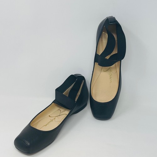 Jessica Simpson Womens Ballet Flat Shoes Black 9.5 M Leather Ankle Strap Slip On