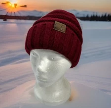 CC Beanie Slouchy Burgundy Knit Thick Cap Hat Unisex Solid Color [No Pom Pom]