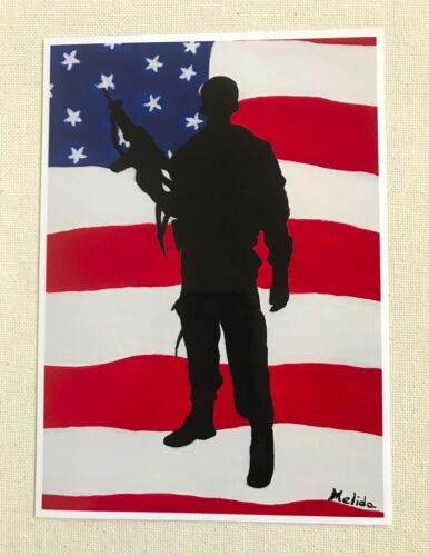 American Soldier Painting American Flag Art, Veteran Military Art, 5"x7"