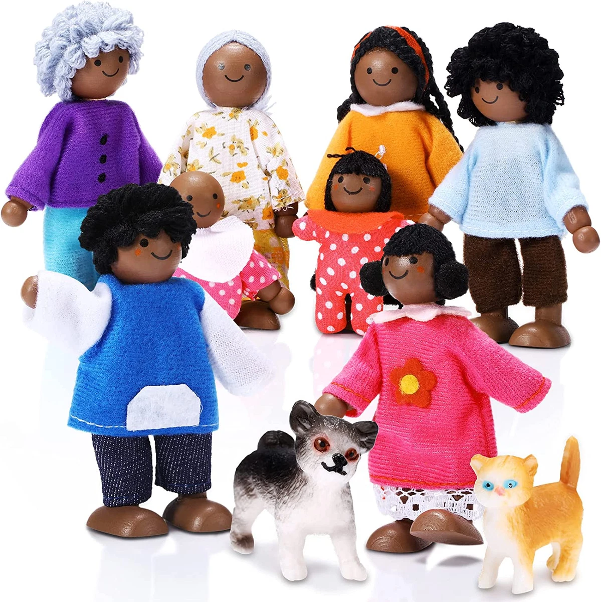 10 Pcs Wooden Dollhouse Family Set of 8 Mini People Figures and 2