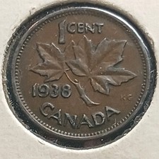 1938 1 Cent Coin Canada Penny World Coin 