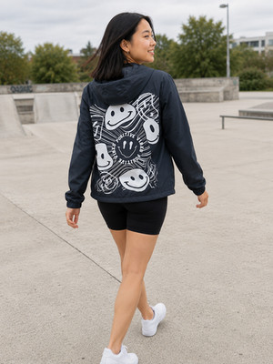 Orange Kiss Windbreaker Jacket Small Navy Smiley Face Positive Vibes Graphic