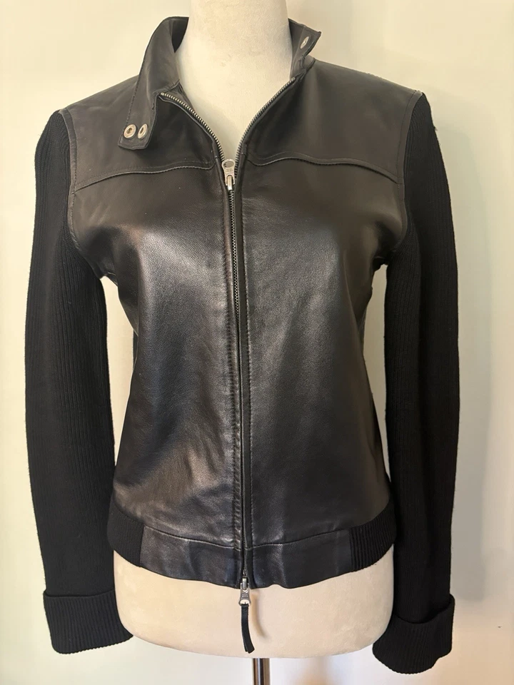 White + Warren Lambskin Leather Merino Wool Full Zip Black Jacket Moto Sz Small - Image 2 of 4