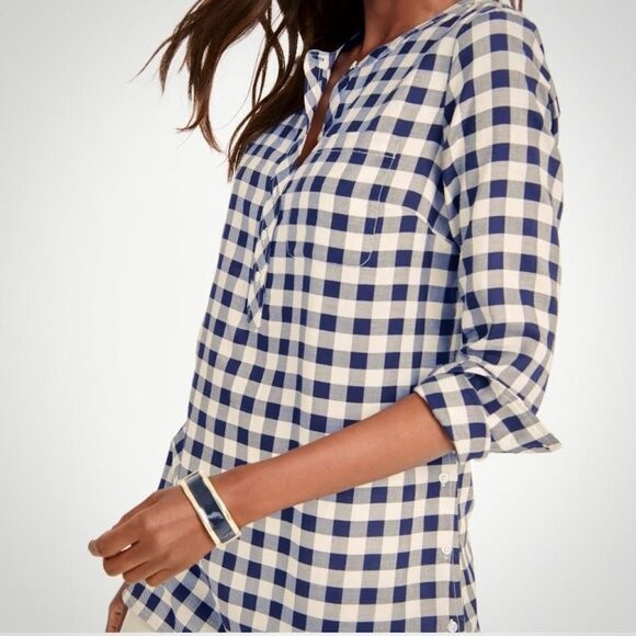 Talbots Navy Gingham Plaid Button Front Popover C… - image 1