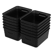 12 PCS Plastic Shelf Storage Baskets Pantry Weave Basket Organizer Black