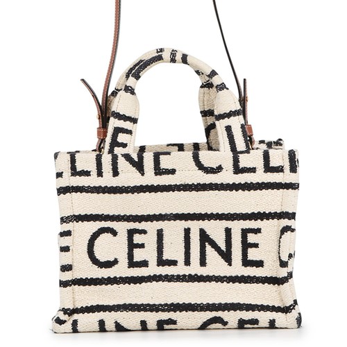 CELINE Small Cabas Thais 2WAY Bag Size Small Cotton/Leather White/Black 1991...