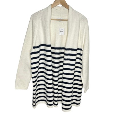 J. Jill Womens Open Front Cardigan Sweater LP Cream Navy Striped Coastal Preppy