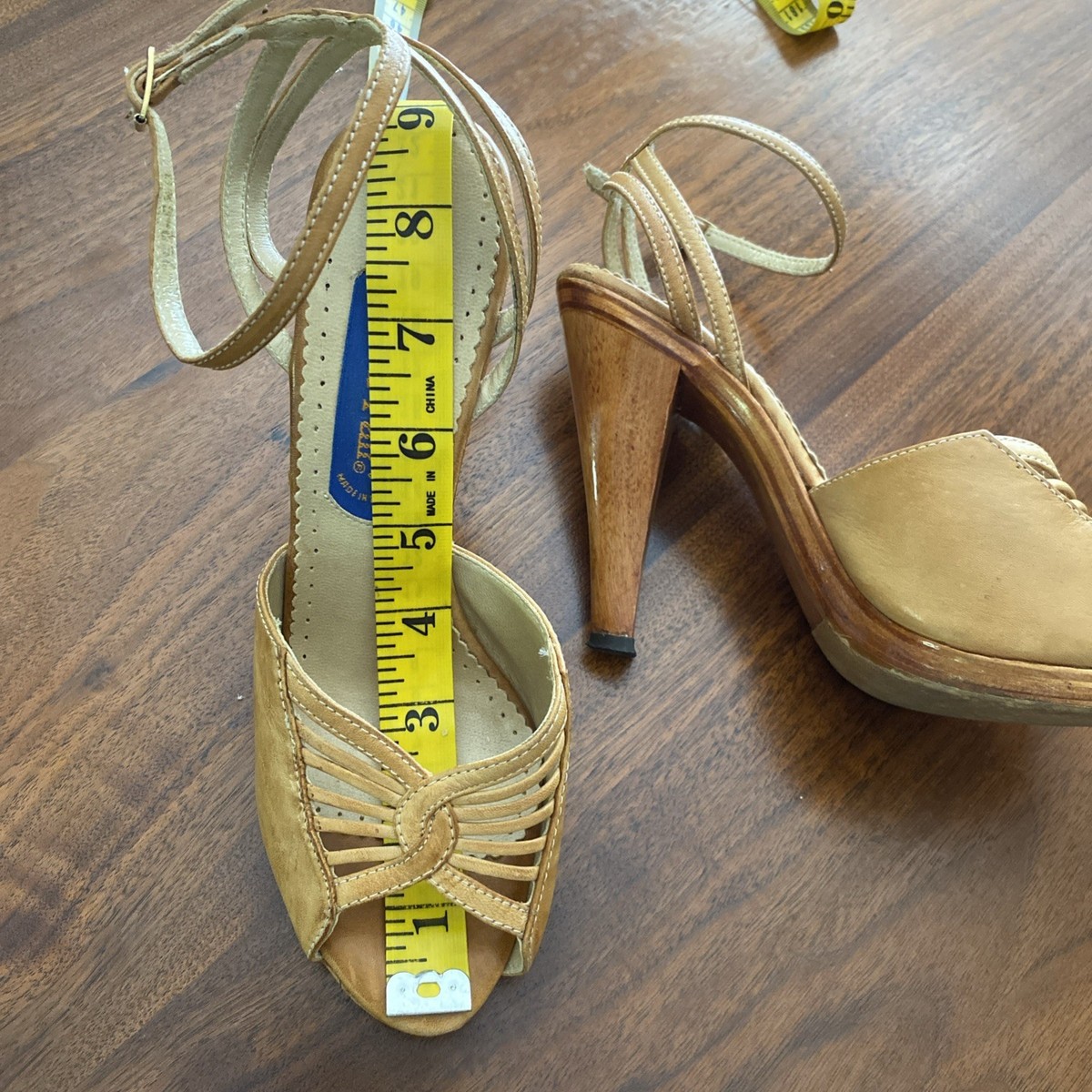 Vintage 70s Wild Pair Leather Peep Toe Wood Heels Sandals Shoes