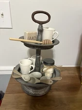 Decorative Antique 2 Tier Metal Galvanized Stand With Teacups, Serving Spoons
