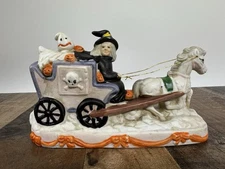 Vintage- Artmark Porcelain Halloween Witch Driving Horse Carriage Night Light