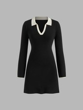 Cider Black Mini Dress Contrast White Collar Cuffs Long Sleeve Size S NWT