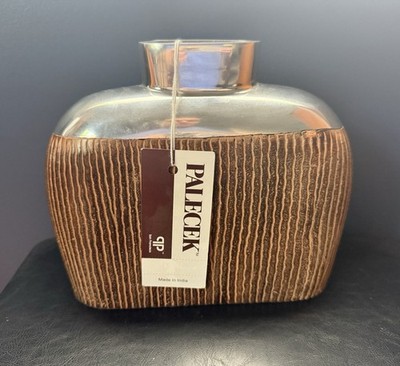 NWT Palecek ''Low Bark Vase'' Mixed Media Metal & Faux Bark Tabletop Decor 