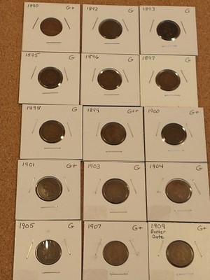 15 Different Indian Cents, 1890-1909 Good/Good+ Condition