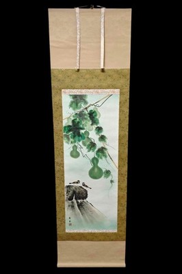 Japanese Hanging Scroll Kakejiku Gourd & Sparrows Symbol of Good Luck Signed
