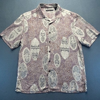 AXIS Men 100% Silk Shirt Tribal Geometric Print Brown Cream Camp Collar L Short