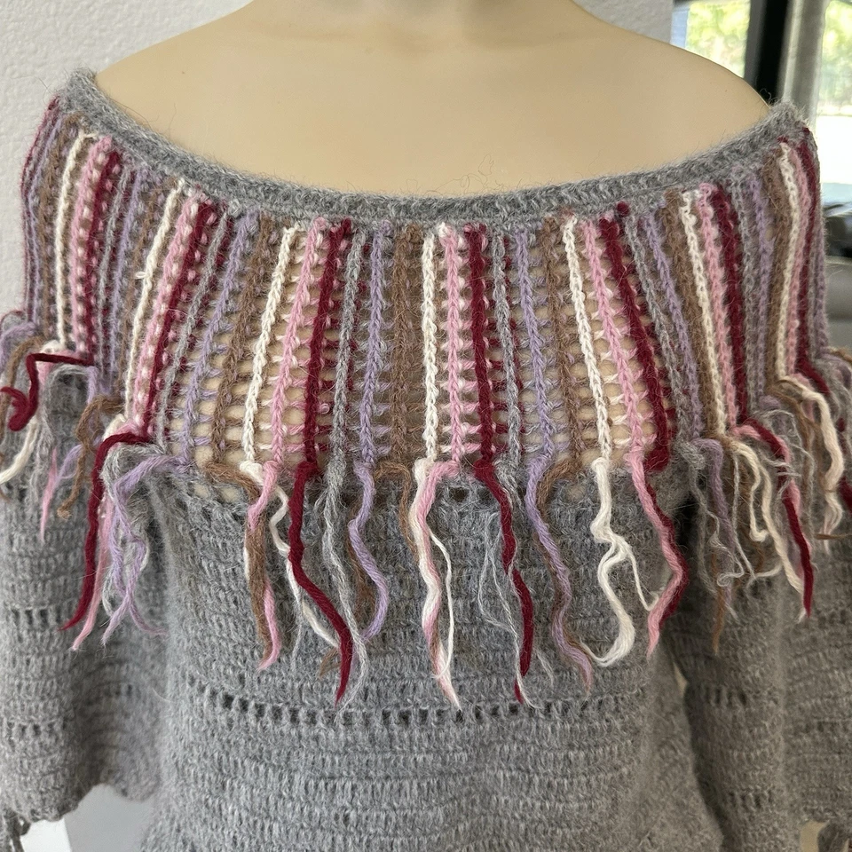 VTG Crochet Sweater Size S/M Gray Multicolor Stripes Fringe Wool Mohair Hair - Image 2 of 4