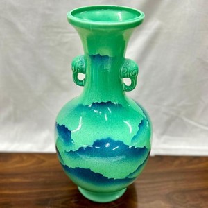 Kutani Ceramic Vase Vintage Japanese Flower Jar Mountain Green 14.9 in