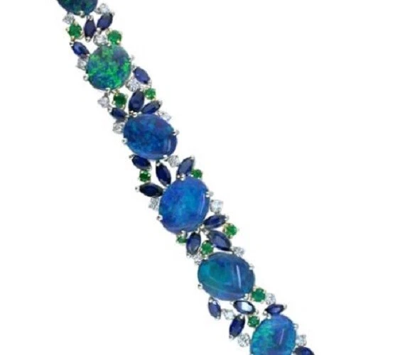 Pulseira de tênis marquesa pedra preciosa opala tripla azul criada em laboratório feita à mão prata - Imagem 2 de 4