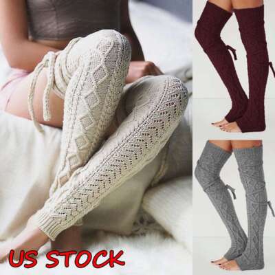 Women Winter Leg Warmer Cable Knit Lady Knitted Over Knee Socks Leggings Crochet