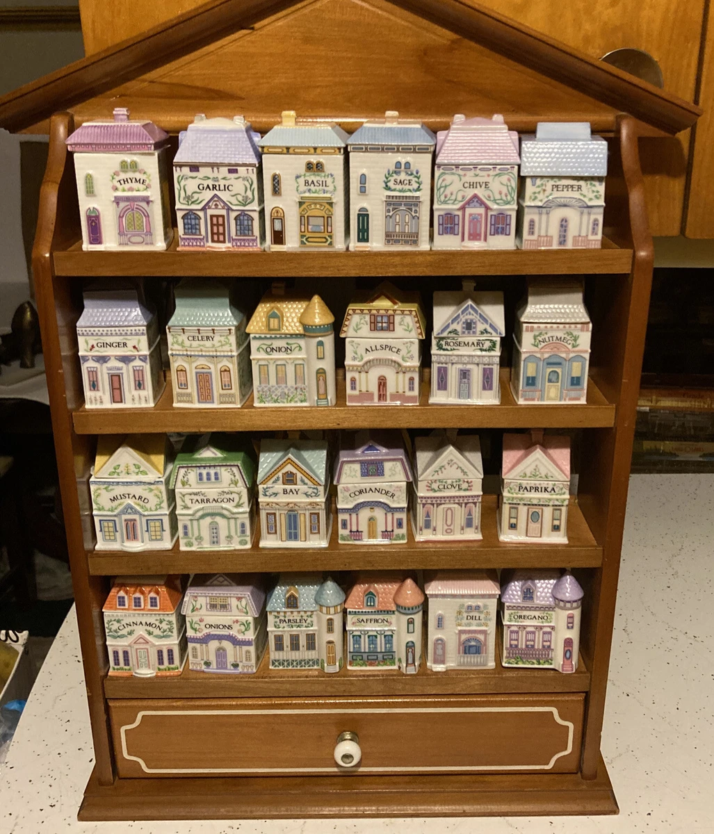 1989 LENOX Porcelain Spice Village House W 24 Jars Wooden Rack