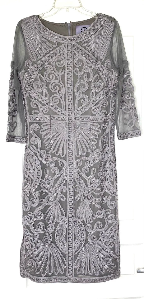 JS COLLECTIONS Silver Soutache Ribbon Embroidered Sheer 3/4 Sleeve Dress 8 = M - Image 4 of 4