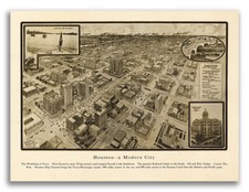 1912 Houston Texas Vintage Old Panoramic City Map - 24x32