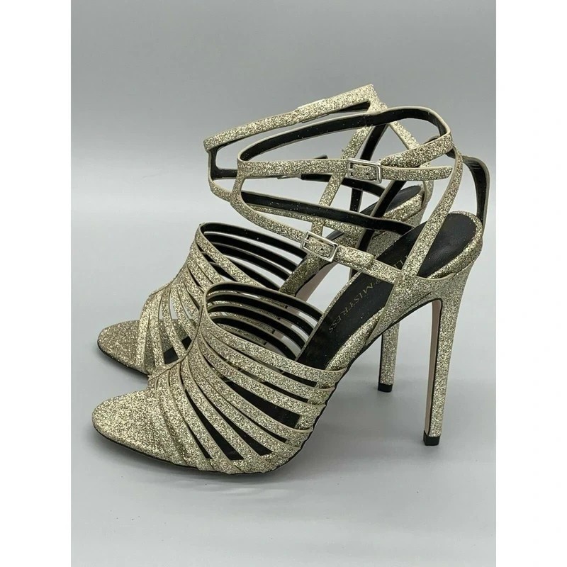 Little Mistress Glitter Strappy High Heels Gold Silver Ankle Strap Size 7 image 2