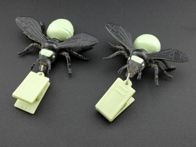 Vintage Green and Black Bee Wasp Hornet with Clips Plastic