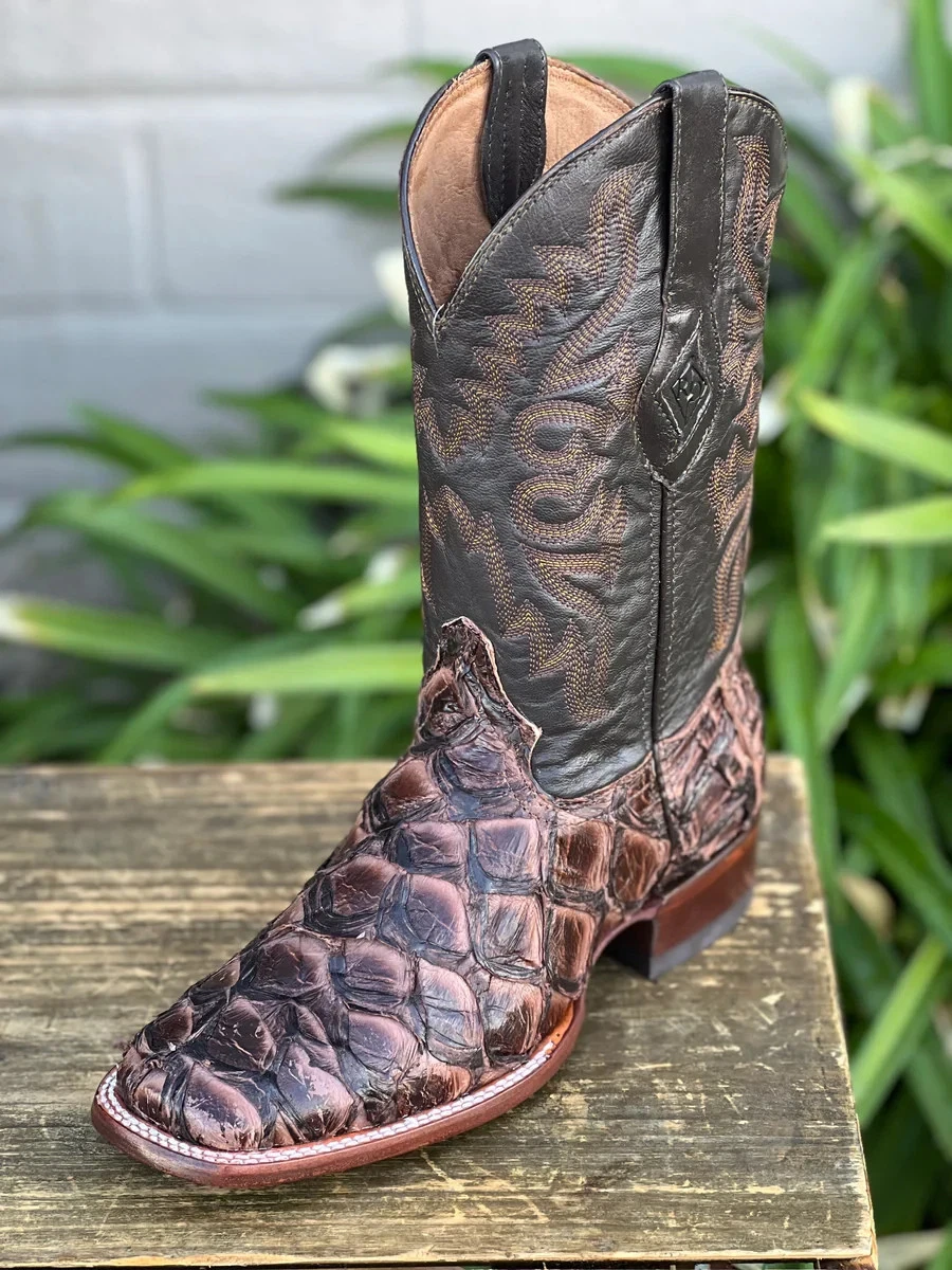 Genuine Exotic Pirarucu Monster Fish Skin Square Toe Cowboy Boots - Brown