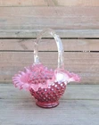 Fenton Cranberry Opalescent Hobnail Basket Ruffled Edge Glass Basket 8" Tall