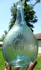 NICE AQUA SHEAF OF WHEAT/STAR CALABASH FLASK OPEN PONTIL 1850'S ERA CLEAN L@@K