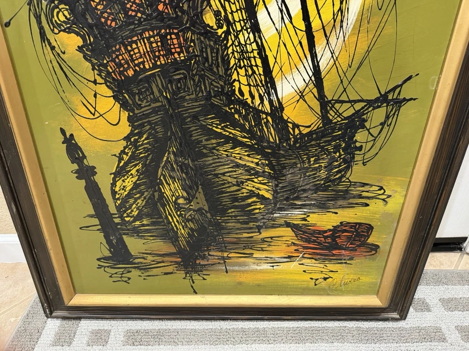 Vintage Mid Century Pirate Ship Oil Painting On Board Signed CORSA 54" x 30” - Image 4 of 4