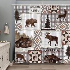 Retro Cabin Shower Curtain Rustic Bear Deer Lodge 70"W x 70"L Pack of 1 Brown