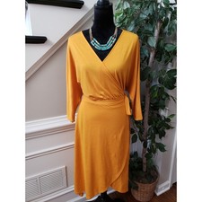 a.n.d Knee Length Dress Womens Small Yellow Long Sleeve V Neck Belted Open Front