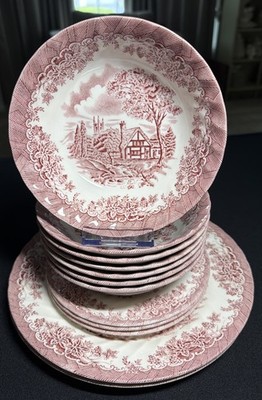 Vtg.Churchill The Brook Cottage Pink Red Transfer Ware 5 Plates & 6 Bowls