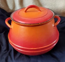 Vintage Descoware Bean Pot Cast Iron Ombre Belgium Flame Red Orange Enamel w Lid