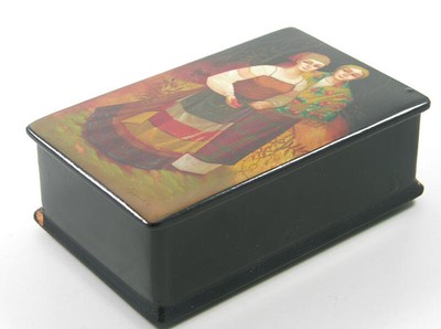 Paint Box Lid Box Finely Painted with Two Women in Costume Signed Russia