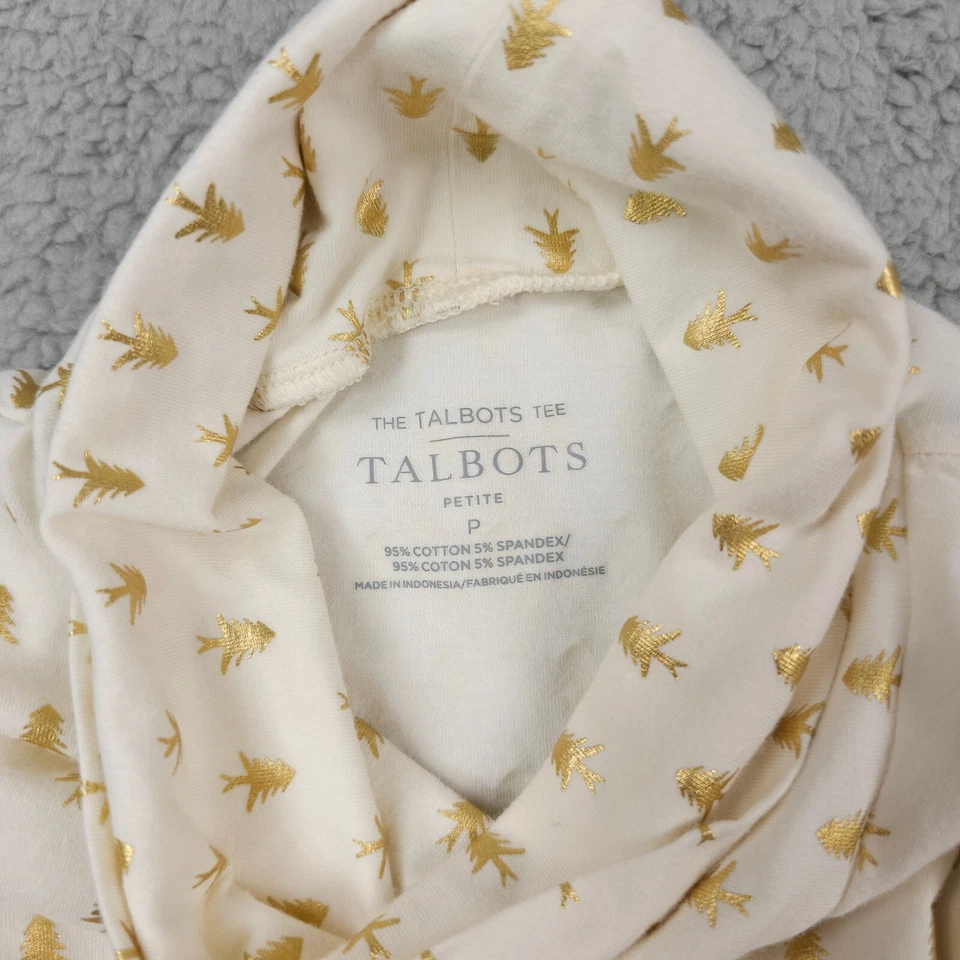 Talbots Shirt Womens P Petite Cream Gold Metallic Tree Turtleneck Tee Christmas - Image 4 of 4