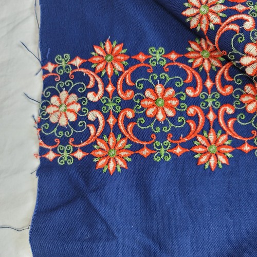 Vtg Austria Blue Red Floral Folk Embroidered Double Border Fabric Cotton 59x216 - Picture 5 of 10