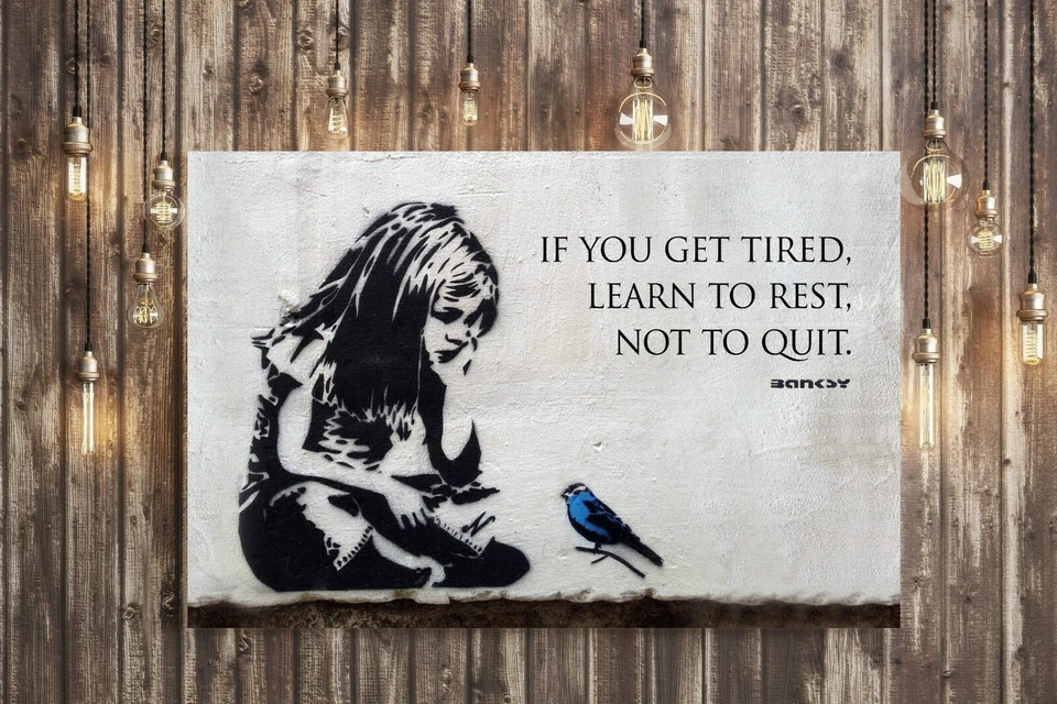 BANKSY GIRL BLUE BIRD QUOTE LEARN TO REST CANVAS WALL STREET ART PRINT GRAFFITI - Image 4 of 4