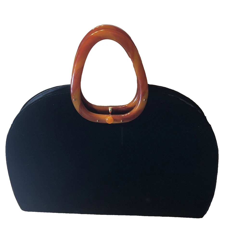 Bolso de Mano Bobbie Jerome Años 50 Grande de Terciopelo con Asas de Baquelita Foto 3 de 4