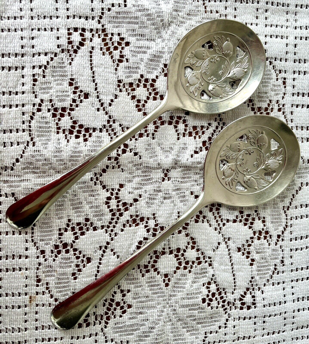 Leona Slotted Serving Spoons Silver Plated Italy Pierced Spoons