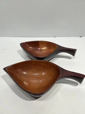 Lot Of 2 Mid Century Modern Hand Carved Mahogany Wood Leaf Shaped Bowl