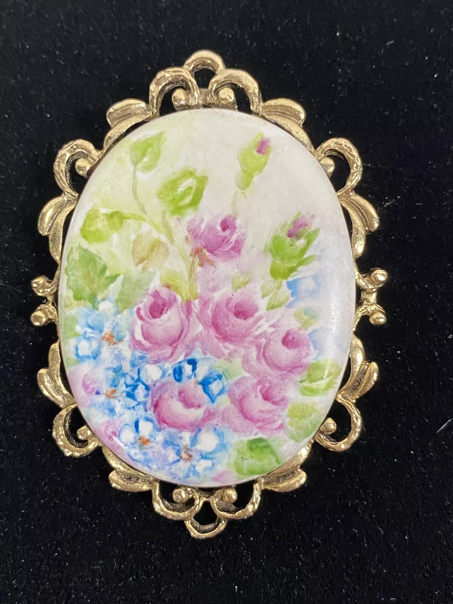 Vintage hand painted porcelain brooch sale