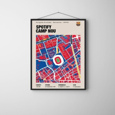 Barcelona Spotify Camp Nou A4 Stadion Karte Druck - Wandbild, gerahmt oder ungerahmt