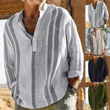 Mens Button Up T-Shirt Shirt Long Sleeve Tops Striped Blouse Tunic Stand Collar