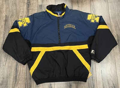 Vintage 90s Michigan Wolverines Starter Large Pullover Parka Coat Jacket Blue